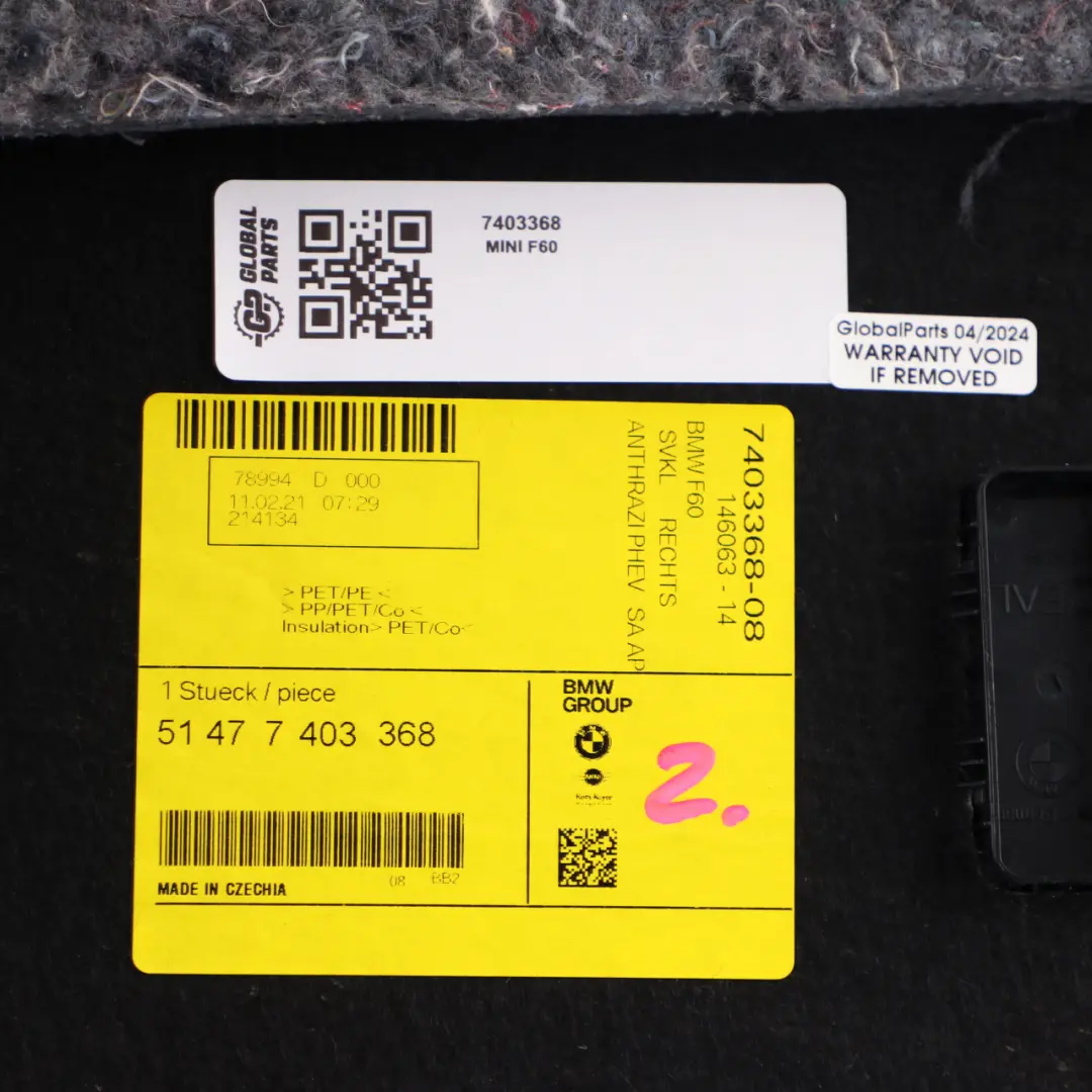 Trunk Trim Cover Panel Rear Lateral Luggage Right O/S to Mini F60 SE ALL4 with Part number 7403368 Mini F60 SE ALL4 Trunk Trim Cover Panel Rear Lateral Luggage Right O/S - SKU 7403368 - Part number 7403368