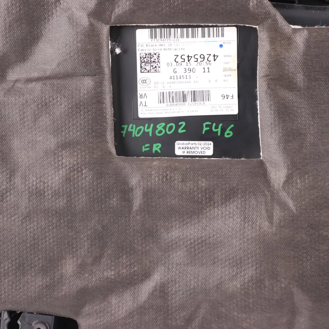 Door Card Front Right O/S Door Lining Panel Cloth Fabric Anthracite to BMW F45 F46 with Part number 7404802 BMW F45 F46 Door Card Front Right O/S Door Lining Panel Cloth Fabric Anthracite - SKU 7404802 - Part number 7404802
