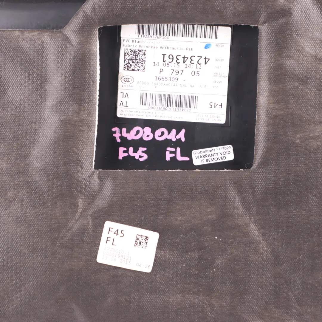 Door Card Front Left N/S Door Lining Panel Cloth Fabric Anthracite Red to BMW F45 with Part number 7404811 BMW F45 Door Card Front Left N/S Door Lining Panel Cloth Fabric Anthracite Red - SKU 7404811 - Part number 7404811
