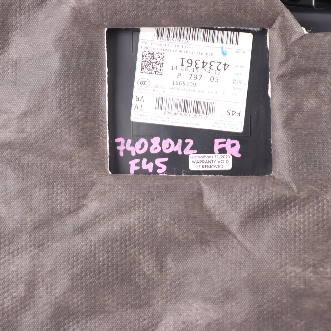 Door Card Front Right O/S Door Lining Panel Cloth Fabric Anthracite Red to BMW F45 with Part number 7404812 BMW F45 Door Card Front Right O/S Door Lining Panel Cloth Fabric Anthracite Red - SKU 7404812 - Part number 7404812