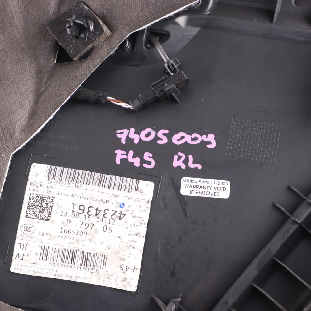 Door Card Rear Left N/S Door Lining Panel Cloth Fabric Anthracite Red to BMW F45 with Part number 7405009 BMW F45 Door Card Rear Left N/S Door Lining Panel Cloth Fabric Anthracite Red - SKU 7405009 - Part number 7405009