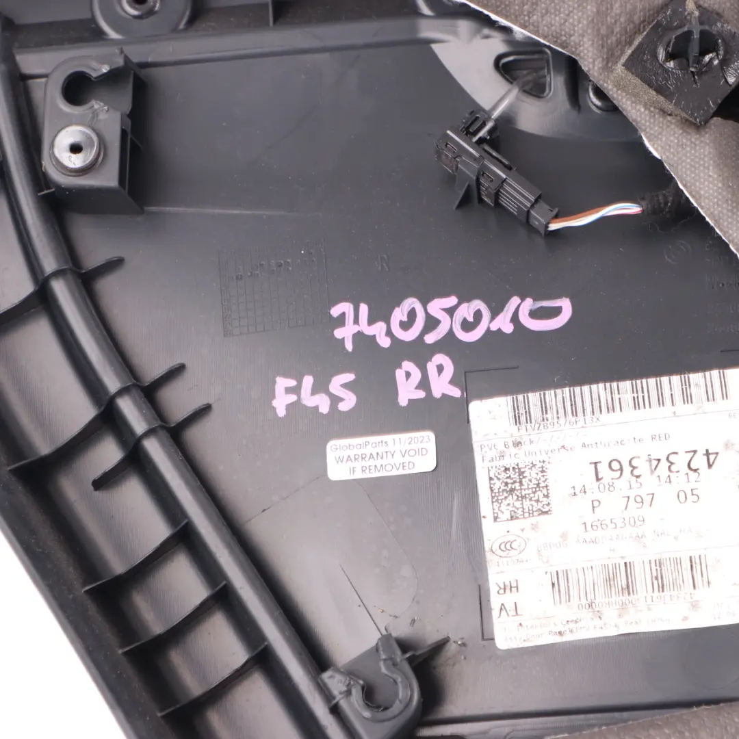 Door Card Rear Right O/S Door Lining Panel Cloth Fabric Anthracite Red to BMW F45 with Part number 7405010 BMW F45 Door Card Rear Right O/S Door Lining Panel Cloth Fabric Anthracite Red - SKU 7405010 - Part number 7405010