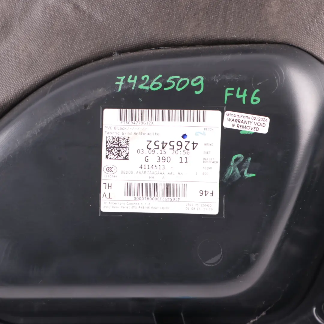 Door Card Rear Left N/S Door Lining Panel Cloth Fabric Grid Anthracite to BMW F46 with Part number 7426509 BMW F46 Door Card Rear Left N/S Door Lining Panel Cloth Fabric Grid Anthracite - SKU 7426509 - Part number 7426509