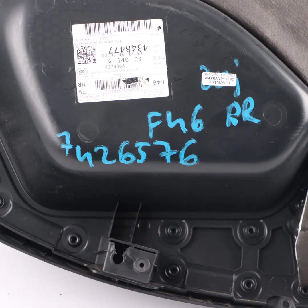 Door Card Rear Right O/S Door Lining Panel HiFi Leather Black Grey to BMW F46 with Part number 7426576 BMW F46 Door Card Rear Right O/S Door Lining Panel HiFi Leather Black Grey - SKU 7426576 - Part number 7426576