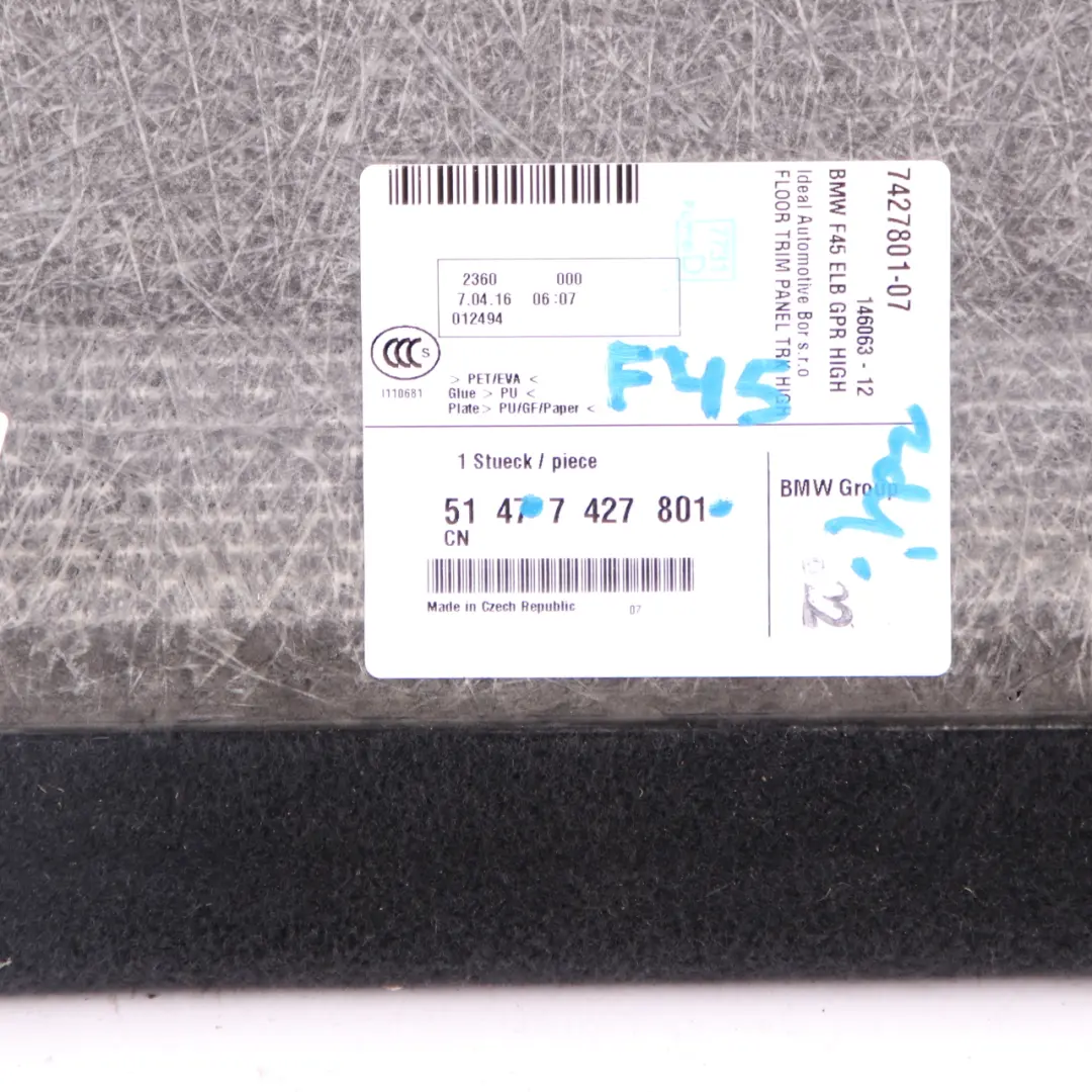 Kofferraum Kofferraumboden Teppich Gepäckraumverkleidung für BMW F45 mit Teilenummer 7427801 BMW F45 Kofferraum Kofferraumboden Teppich Gepäckraumverkleidung - SKU 7427801 - Teilenummer 7427801