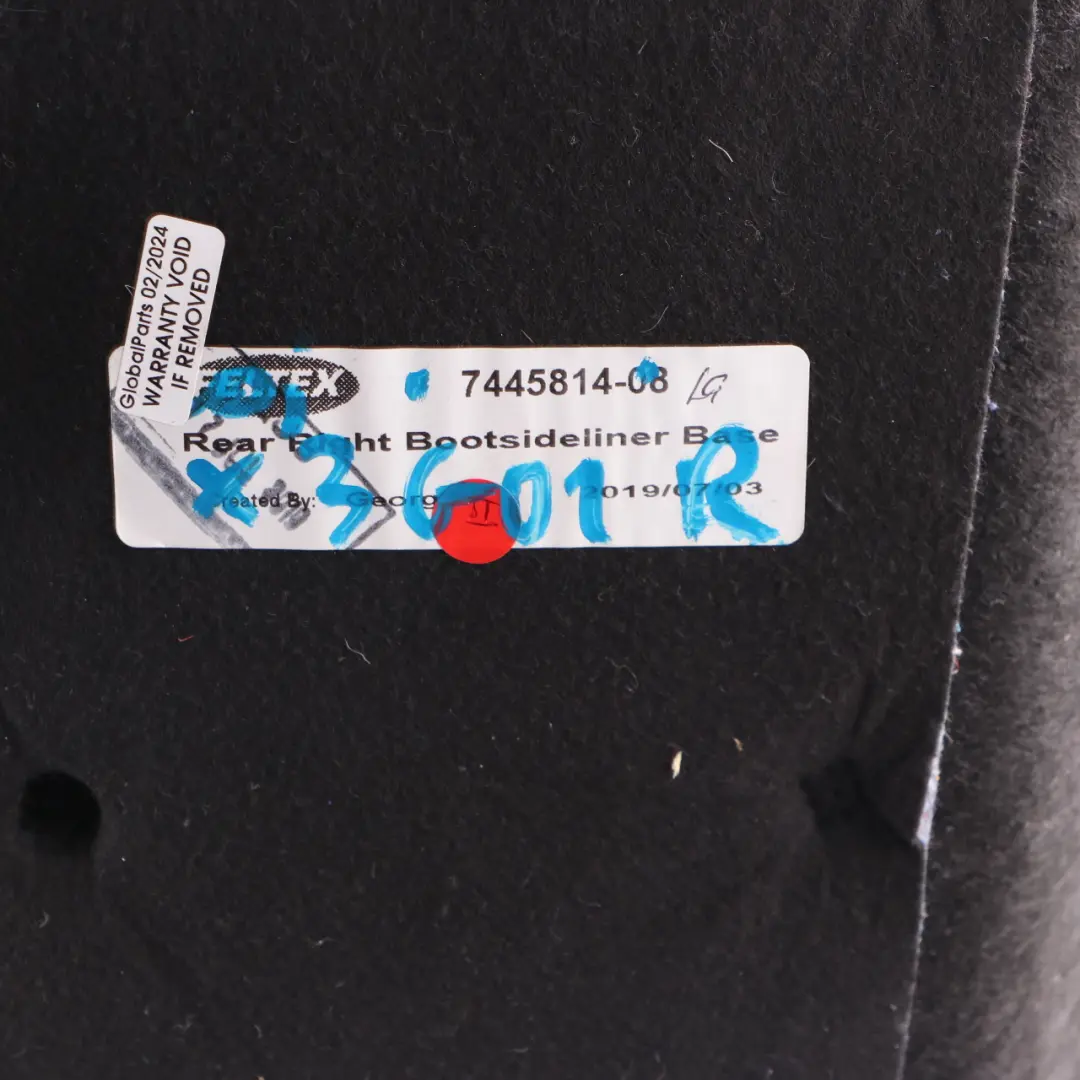 Pannello laterale bagagliaio destro Rivestimento vano bagagli per BMW X3 G01 con numero di parte 7445814 BMW X3 G01 Pannello laterale bagagliaio destro Rivestimento vano bagagli - SKU 7445814 - Numero di parte 7445814