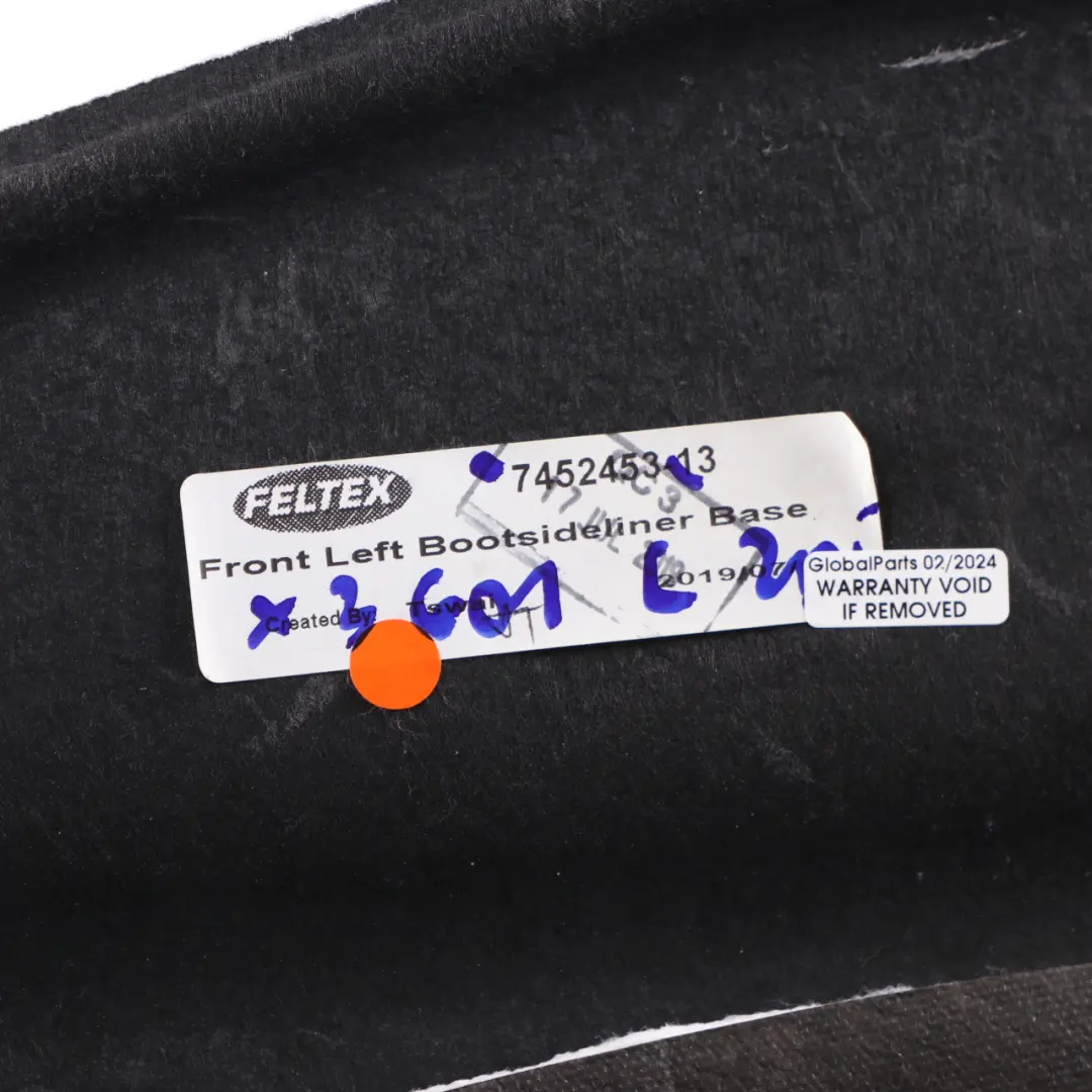 Trunk Lateral Cover Boot Luggage Trim Panel Left N/S Black to BMW X3 G01 with Part number 7452453 BMW X3 G01 Trunk Lateral Cover Boot Luggage Trim Panel Left N/S Black - SKU 7452453 - Part number 7452453