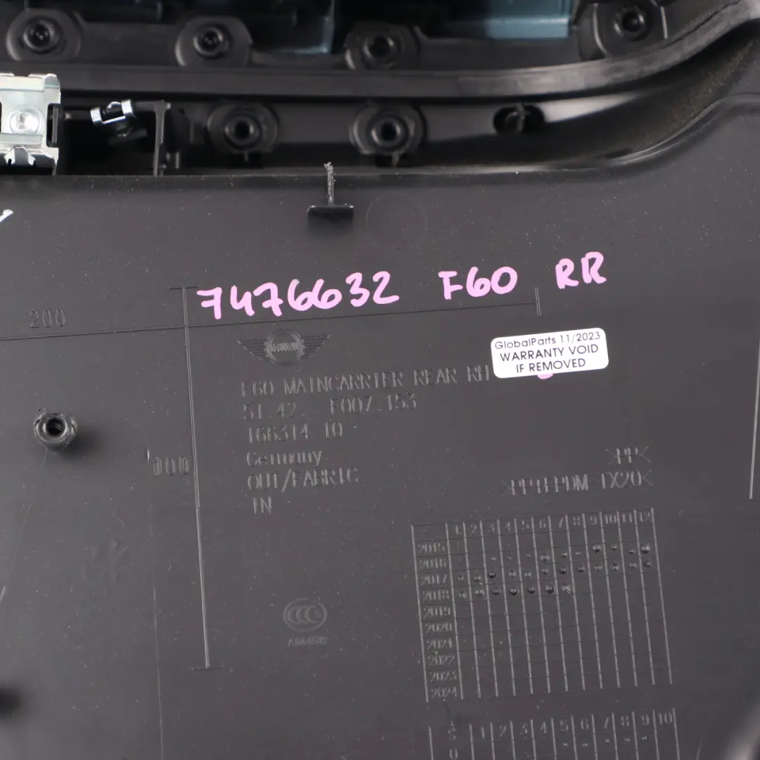 Door Card Rear Right O/S Trim Panel Cover Carbon Black to Mini Countryman F60 with Part number 7476632 Mini Countryman F60 Door Card Rear Right O/S Trim Panel Cover Carbon Black - SKU 7476632 - Part number 7476632