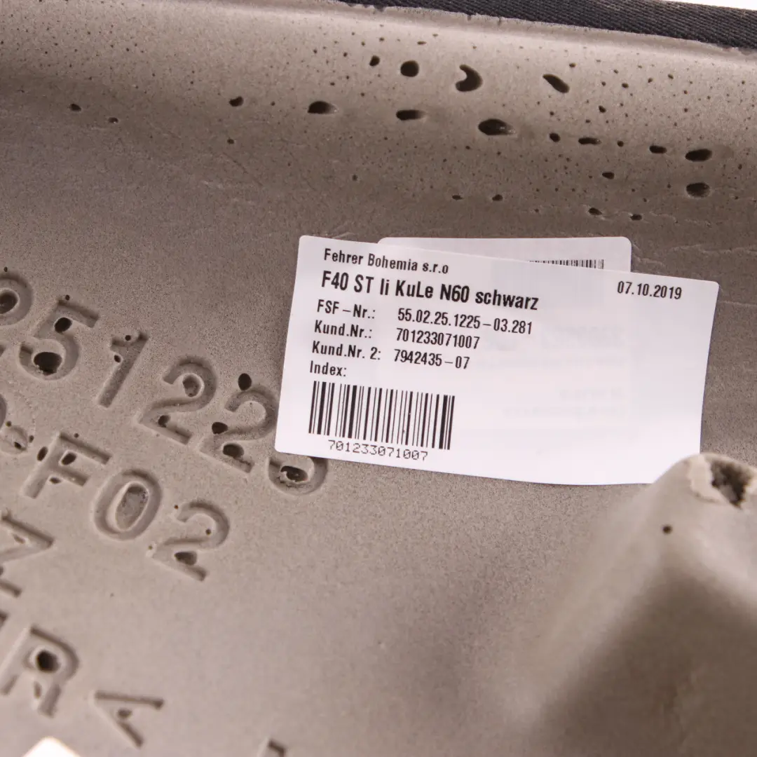 Finisher Left N/S Bench Side Lateral Cover Black Leather to BMW F40 Rear Seat with Part number 7492435 BMW F40 Rear Seat Finisher Left N/S Bench Side Lateral Cover Black Leather - SKU 7492435 - Part number 7492435