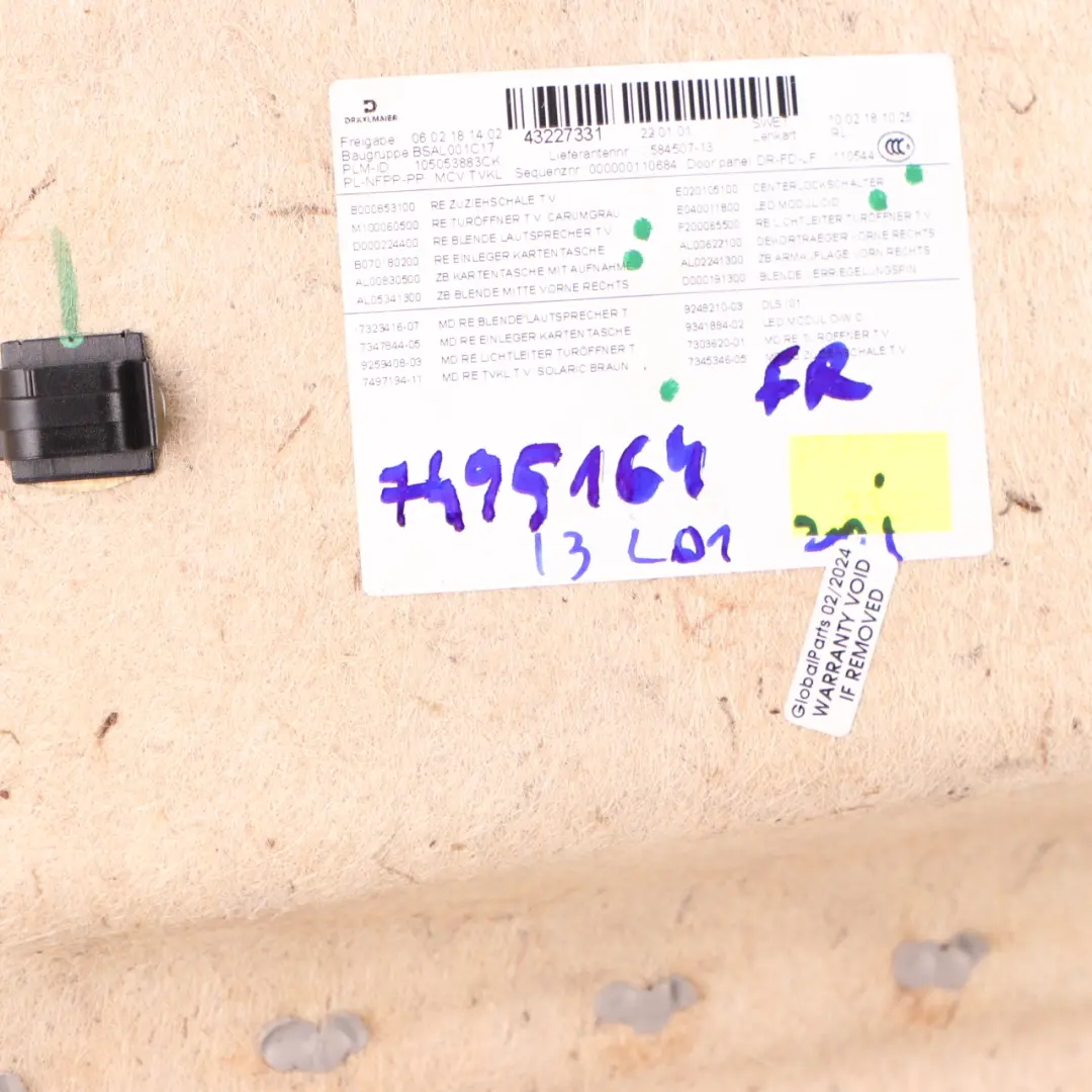 Door Card Panel Front Right O/S Trim Cover Lining Solaric Brown to BMW i3 I01 with Part number 7495164 BMW i3 I01 Door Card Panel Front Right O/S Trim Cover Lining Solaric Brown - SKU 7495164 - Part number 7495164