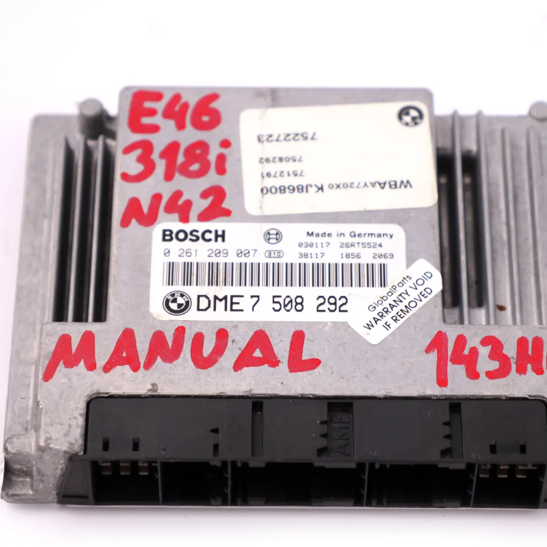 Gasolina N42 Motor ECU Unidad De Control DME Manual para BMW E46 318i con número de pieza 7508292 BMW E46 318i Gasolina N42 Motor ECU Unidad De Control DME Manual - SKU 7508292 - Número de pieza 7508292