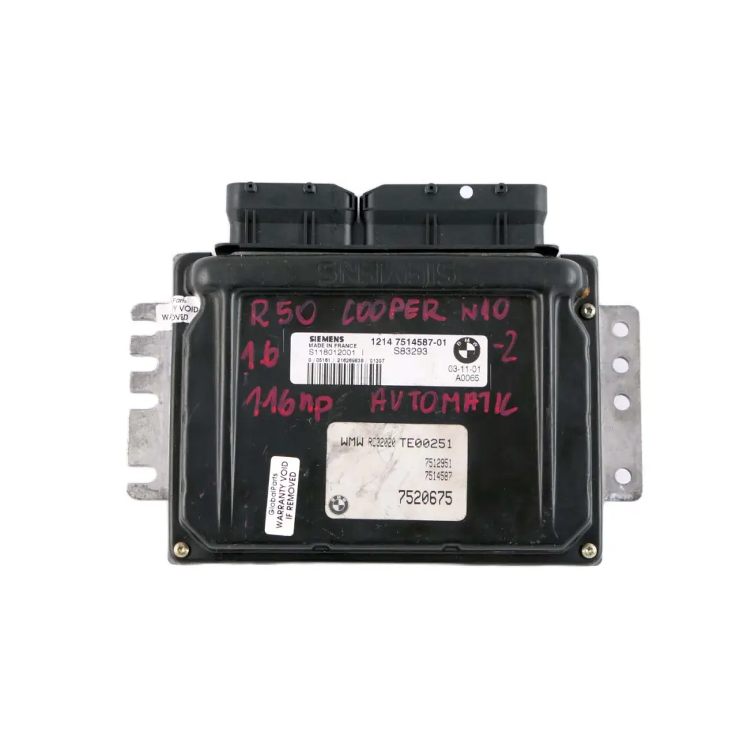 MINI Cooper R50 W10 116HP Engine ECU Kit DME + EWS + Key Automatic - SKU 7514587-2 - Part number 7514587