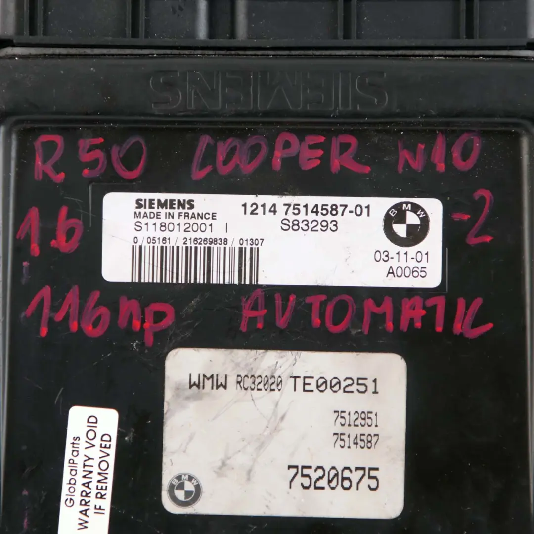 MINI Cooper R50 W10 116HP Engine ECU Kit DME + EWS + Key Automatic - SKU 7514587-2 - Part number 7514587