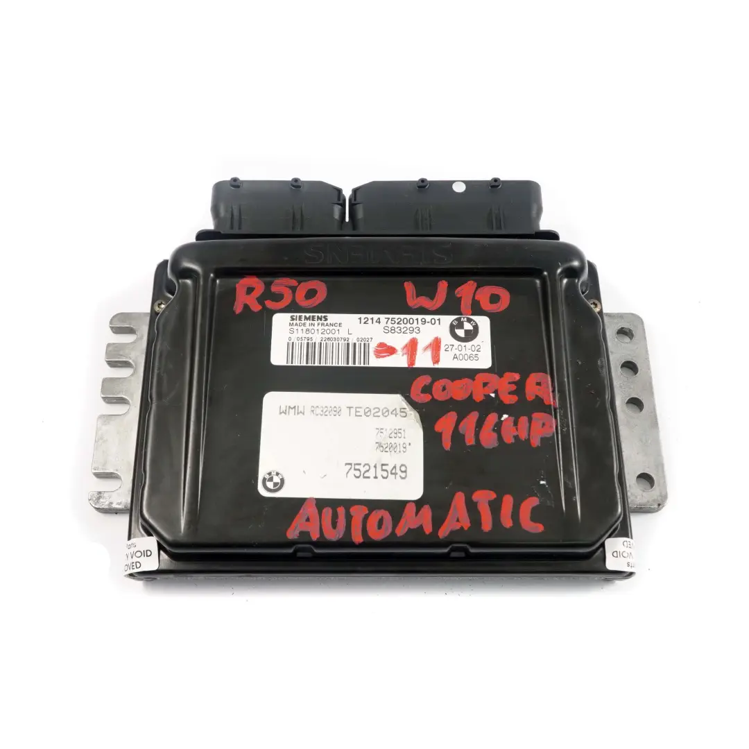 116CV Motor Kit ECU DME + EWS3 + Llave Automatica para MINI Cooper R50 W10 con número de pieza 7520019 MINI Cooper R50 W10 116CV Motor Kit ECU DME + EWS3 + Llave Automatica - SKU 7520019-11 - Número de pieza 7520019