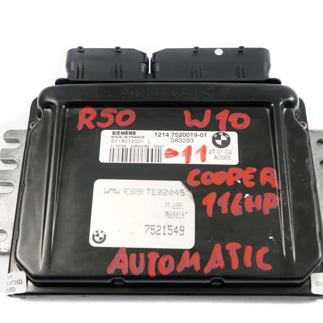 116HP Engine ECU Kit DME + EWS3 + Key Automatic to MINI Cooper R50 W10 with Part number 7520019 MINI Cooper R50 W10 116HP Engine ECU Kit DME + EWS3 + Key Automatic - SKU 7520019-11 - Part number 7520019