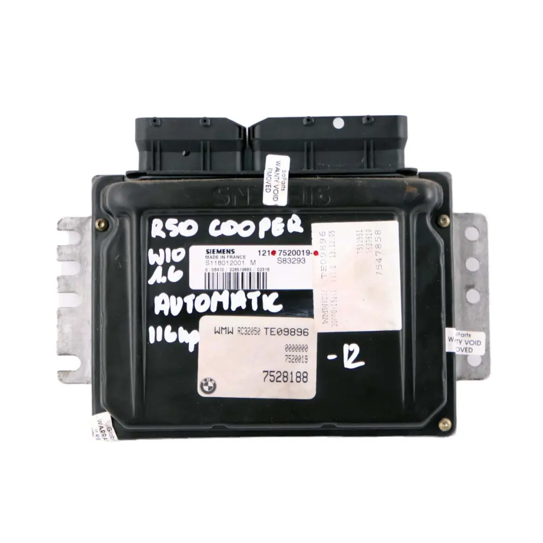 116CV Motor Kit ECU DME EWS3 Liave Automatico para MINI Cooper R50 W10 con número de pieza 7520019 MINI Cooper R50 W10 116CV Motor Kit ECU DME EWS3 Liave Automatico - SKU 7520019-12 - Número de pieza 7520019
