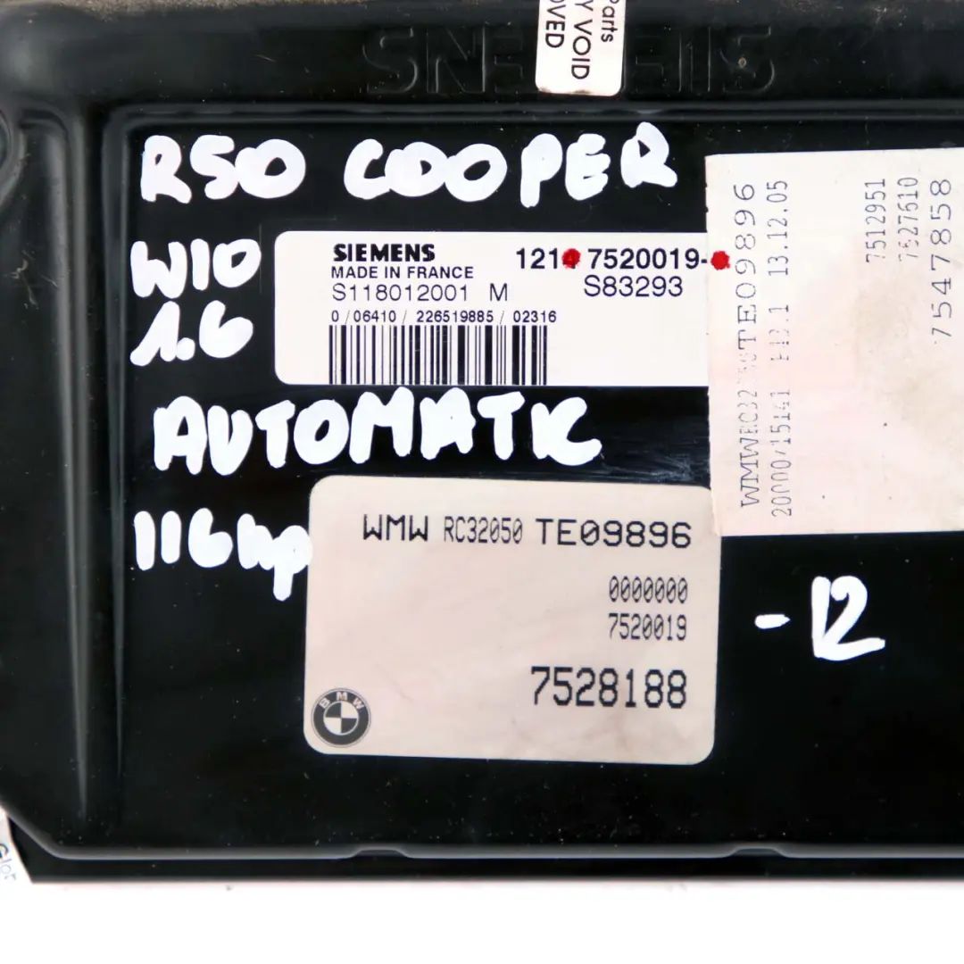 116CV Motor Kit ECU DME EWS3 Liave Automatico para MINI Cooper R50 W10 con número de pieza 7520019 MINI Cooper R50 W10 116CV Motor Kit ECU DME EWS3 Liave Automatico - SKU 7520019-12 - Número de pieza 7520019
