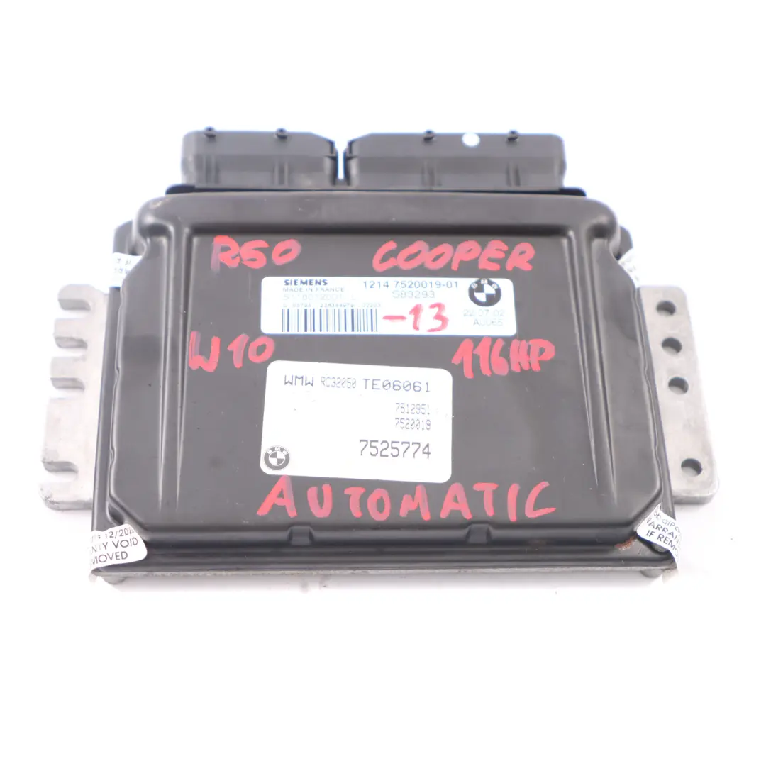 MINI Cooper R50 W10 116HP Engine ECU Kit DME + EWS3 + Key Automatic - SKU 7520019-13 - Part number 7520019