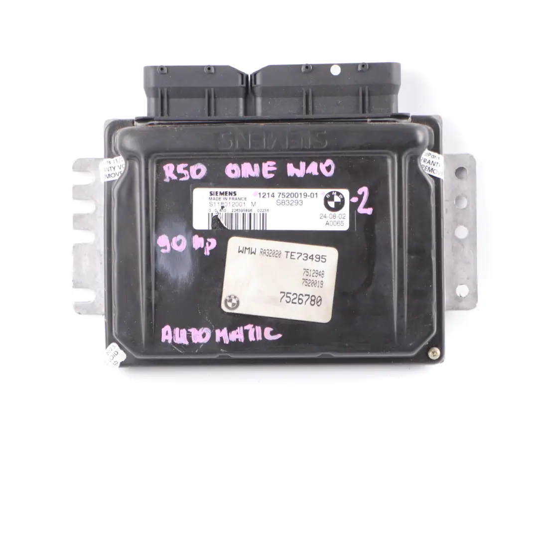 90HP Engine ECU Kit DME + EWS + Key Automatic to Mini One 1.6i R50 W10 with Part number 7520019 Mini One 1.6i R50 W10 90HP Engine ECU Kit DME + EWS + Key Automatic - SKU 7520019-2 - Part number 7520019