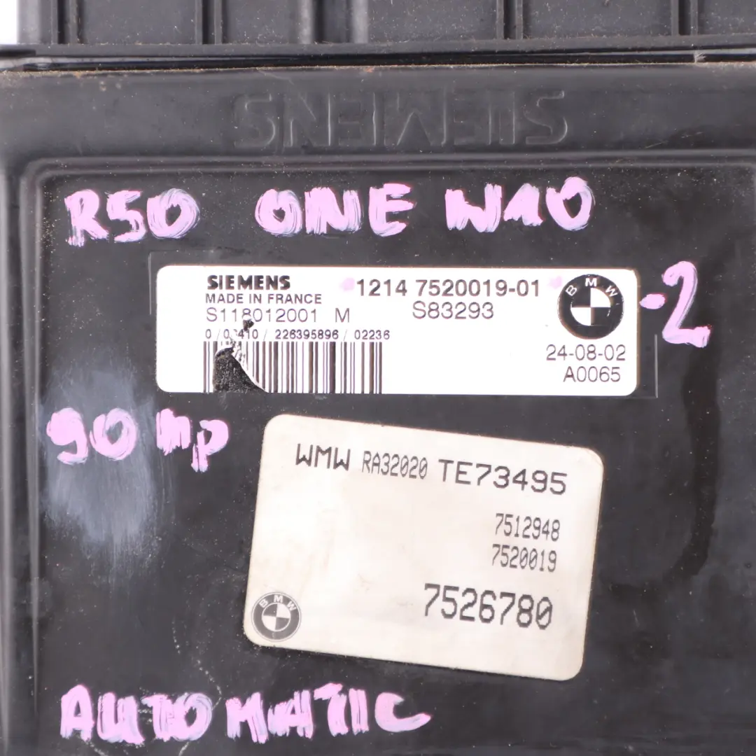 90HP Engine ECU Kit DME + EWS + Key Automatic to Mini One 1.6i R50 W10 with Part number 7520019 Mini One 1.6i R50 W10 90HP Engine ECU Kit DME + EWS + Key Automatic - SKU 7520019-2 - Part number 7520019