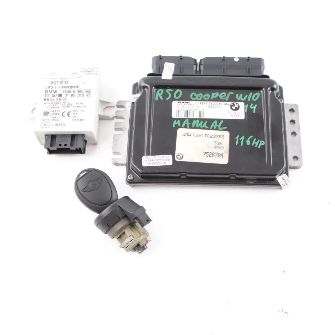 116HP Engine ECU Kit DME + EWS 3 + Key Manual to Mini Cooper R50 W10 with Part number 7520019 Mini Cooper R50 W10 116HP Engine ECU Kit DME + EWS 3 + Key Manual - SKU 7520019-3 - Part number 7520019