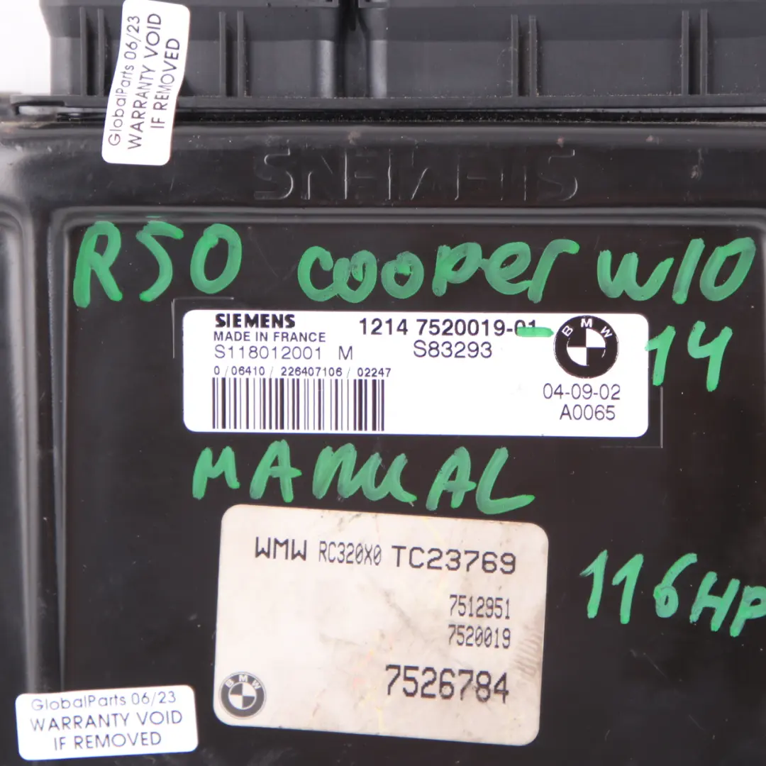 MINI Cooper R50 W10 116HP Engine ECU Kit DME + EWS 3 + Key Manual - SKU 7520019-3 - Part number 7520019