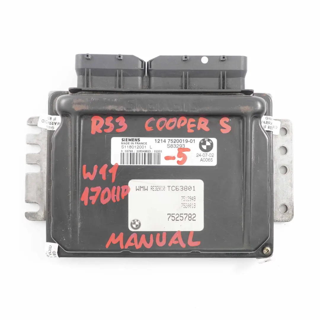 170HP Unità Controllo Motore ECU DME Manuale per MINI Cooper S R52 R53 W11 con numero di parte 7520019 MINI Cooper S R52 R53 W11 170HP Unità Controllo Motore ECU DME Manuale - SKU 7520019-5 - Numero di parte 7520019