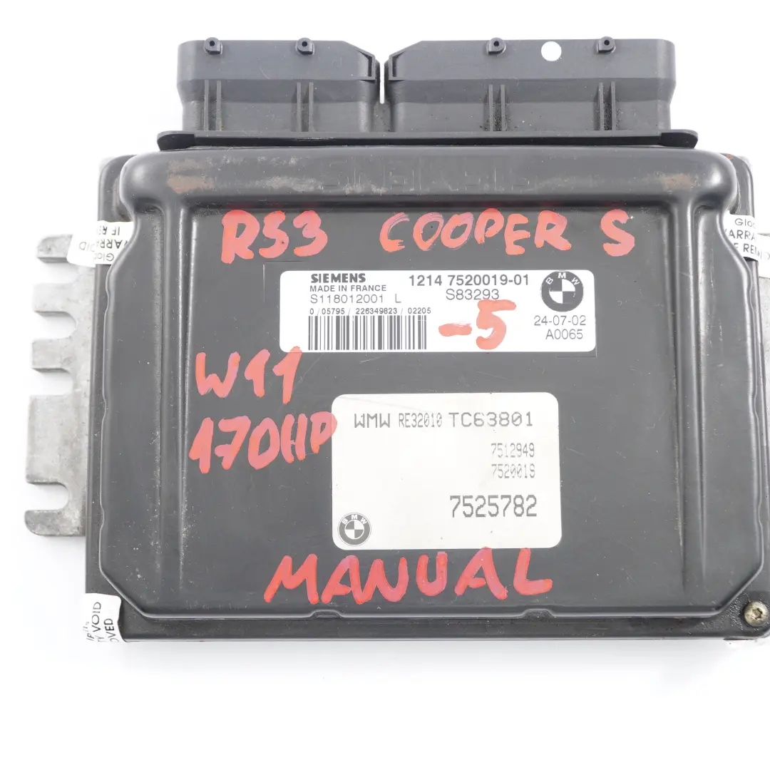 170HP Unità Controllo Motore ECU DME Manuale per MINI Cooper S R52 R53 W11 con numero di parte 7520019 MINI Cooper S R52 R53 W11 170HP Unità Controllo Motore ECU DME Manuale - SKU 7520019-5 - Numero di parte 7520019