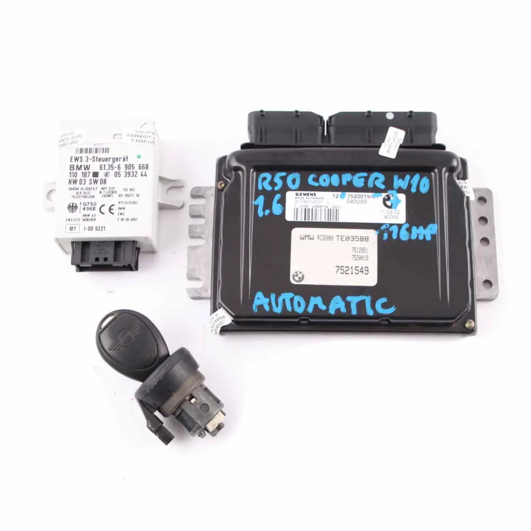 116HP Engine ECU Kit DME + EWS + Key Automatic to MINI Cooper R50 1.6i W10 with Part number 7520019 MINI Cooper R50 1.6i W10 116HP Engine ECU Kit DME + EWS + Key Automatic - SKU 7520019-7 - Part number 7520019