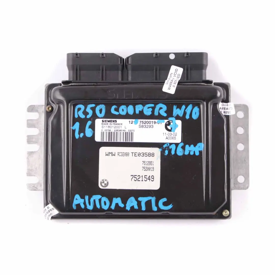 116HP Engine ECU Kit DME + EWS + Key Automatic to MINI Cooper R50 1.6i W10 with Part number 7520019 MINI Cooper R50 1.6i W10 116HP Engine ECU Kit DME + EWS + Key Automatic - SKU 7520019-7 - Part number 7520019