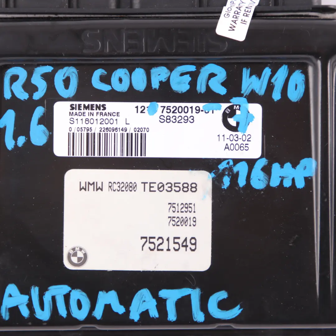 116HP Engine ECU Kit DME + EWS + Key Automatic to MINI Cooper R50 1.6i W10 with Part number 7520019 MINI Cooper R50 1.6i W10 116HP Engine ECU Kit DME + EWS + Key Automatic - SKU 7520019-7 - Part number 7520019