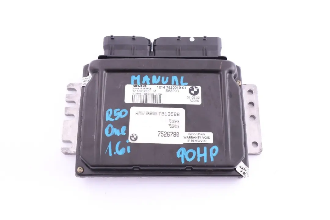 Control Unit DME Manual 7520019 BMW Mini R50 One 1.6i Petrol Engine - SKU 7526780 - Part number 7526780