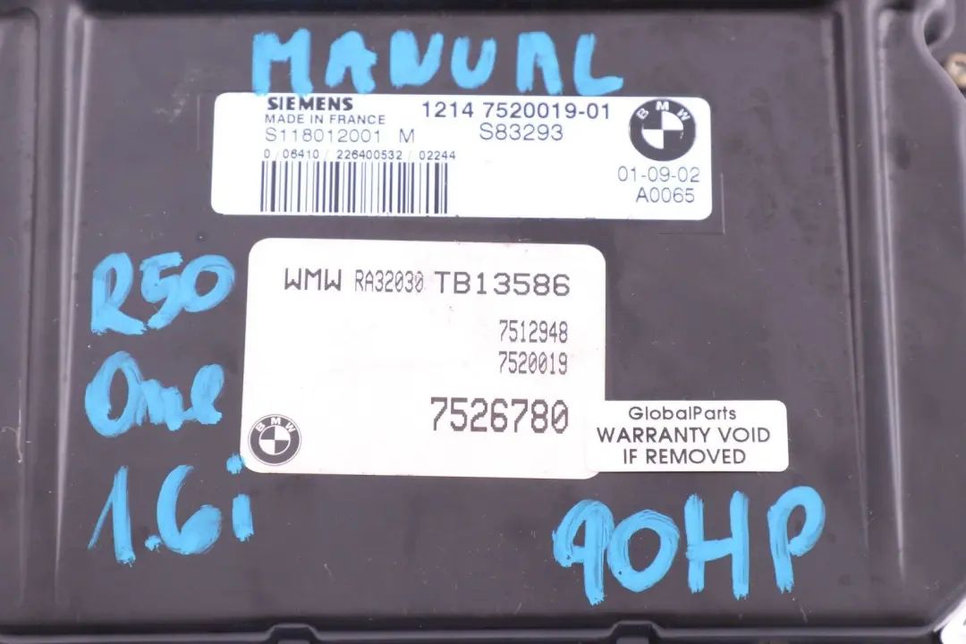 Control Unit DME Manual 7520019 pour Mini R50 One 1.6i Petrol Engine à propos du numéro de pièce 7526780 Mini R50 One 1.6i Petrol Engine Control Unit DME Manual 7520019 - SKU 7526780 - Numéro de pièce 7526780