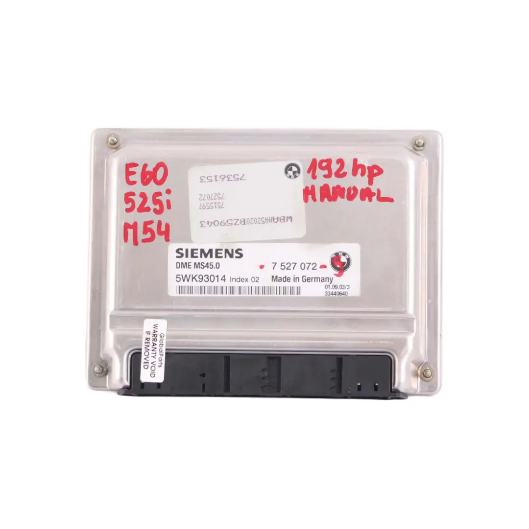 M54 192HP ECU Kit Engine Control Unit DME CAS2 Key Manual to BMW E60 525i with Part number 7527072 BMW E60 525i M54 192HP ECU Kit Engine Control Unit DME CAS2 Key Manual - SKU 7527072-5 - Part number 7527072