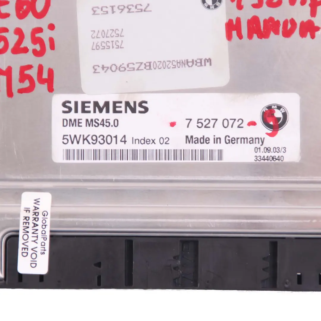 M54 192HP ECU Kit Engine Control Unit DME CAS2 Key Manual to BMW E60 525i with Part number 7527072 BMW E60 525i M54 192HP ECU Kit Engine Control Unit DME CAS2 Key Manual - SKU 7527072-5 - Part number 7527072
