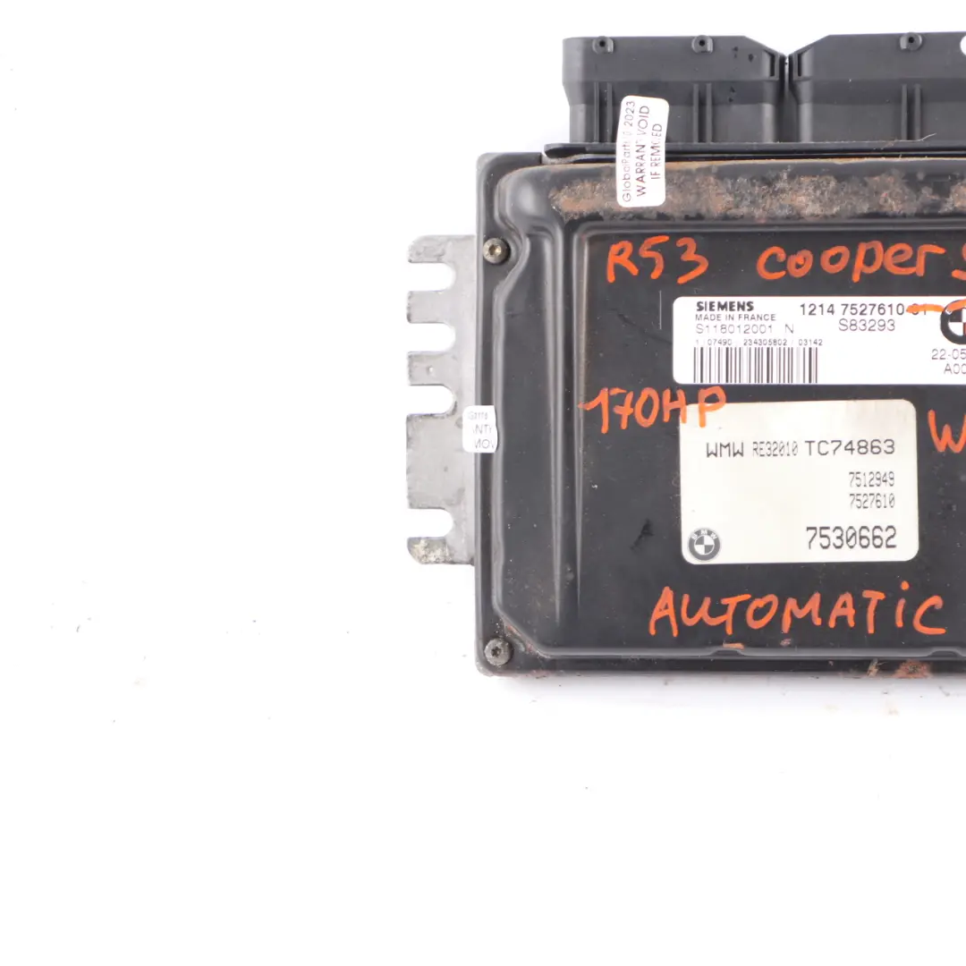 170HP Engine Control Unit Module ECU DME Automatic to MINI Cooper S R53 W11 with Part number 7527610 MINI Cooper S R53 W11 170HP Engine Control Unit Module ECU DME Automatic - SKU 7527610-10 - Part number 7527610