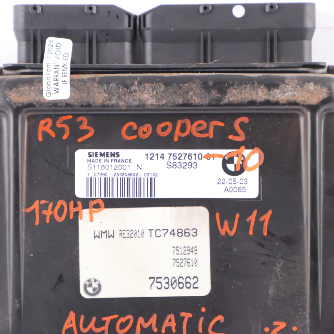 MINI Cooper S R53 W11 170HP Engine Control Unit Module ECU DME Automatic - SKU 7527610-10 - Part number 7527610