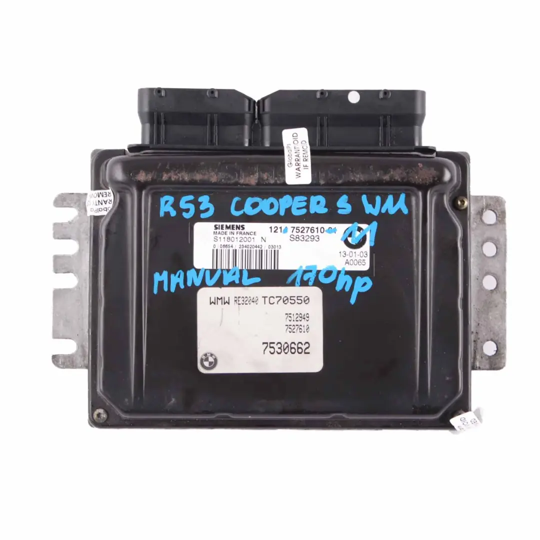 MINI Cooper S R53 W11 170HP Engine ECU Kit DME + EWS + Key Manual - SKU 7527610-11 - Part number 7527610