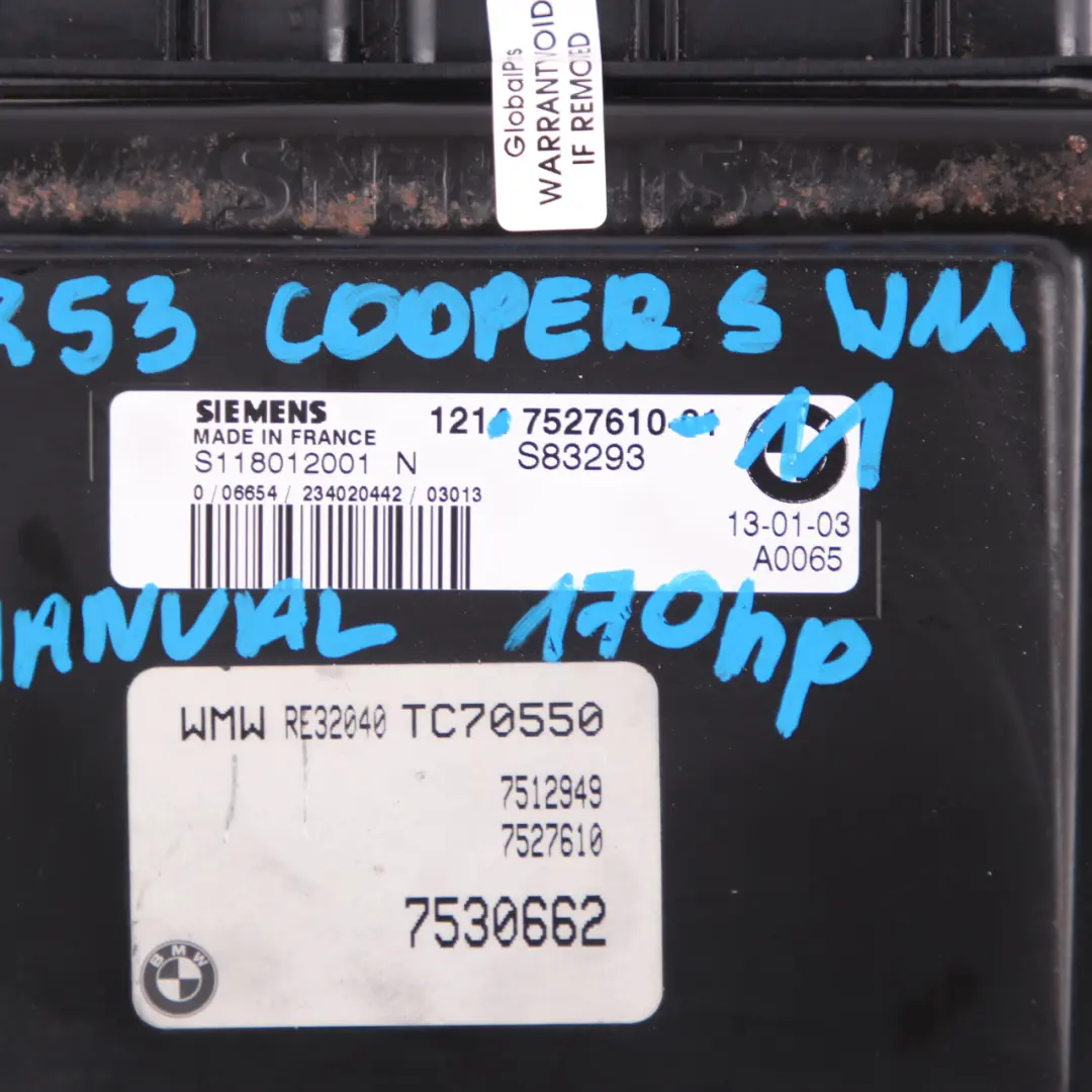 MINI Cooper S R53 W11 170HP Engine ECU Kit DME + EWS + Key Manual - SKU 7527610-11 - Part number 7527610