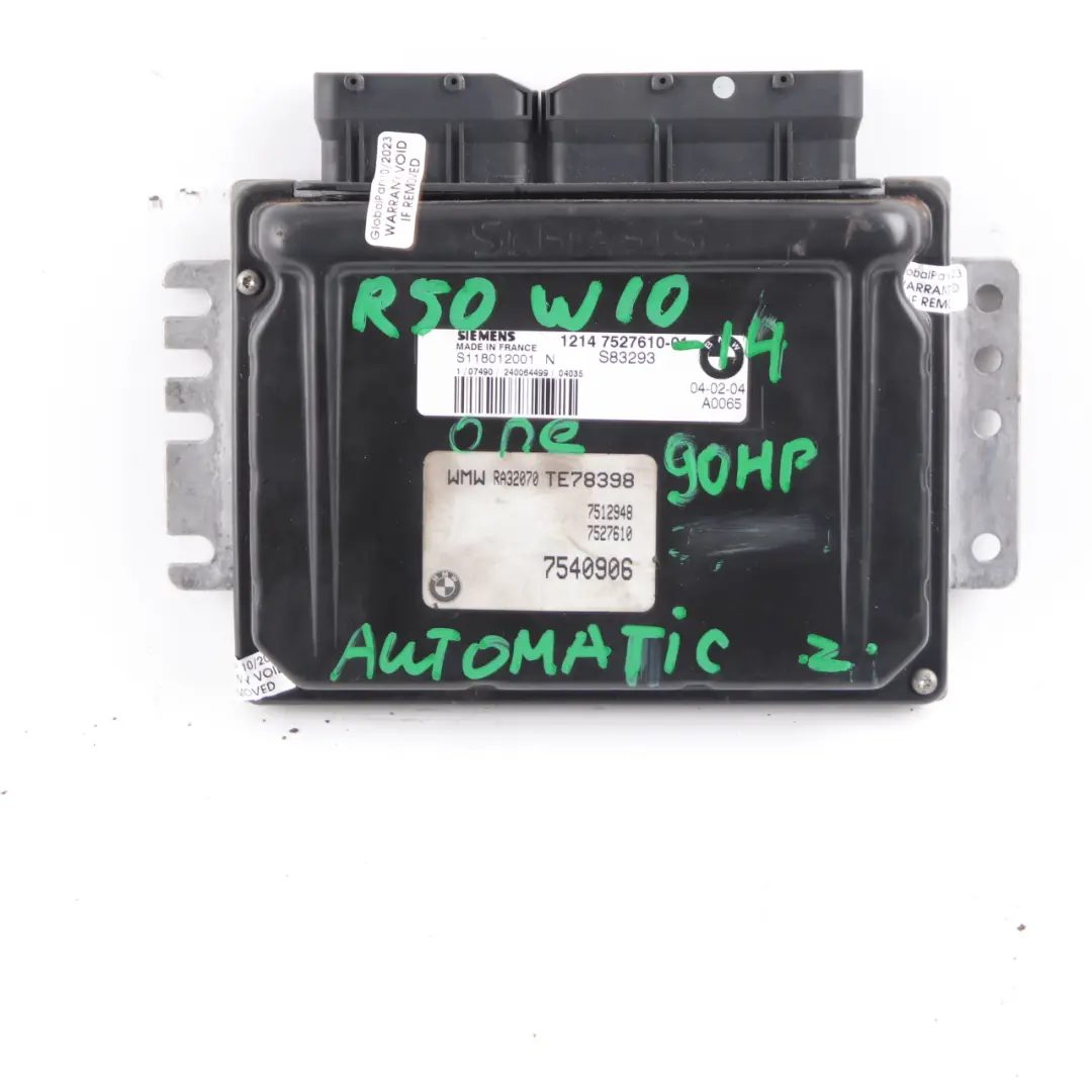 MINI One R50 1.6 W10 90HP ECU Kit Engine Control Unit DME EWS Key Manual - SKU 7527610-14 - Part number 7527610