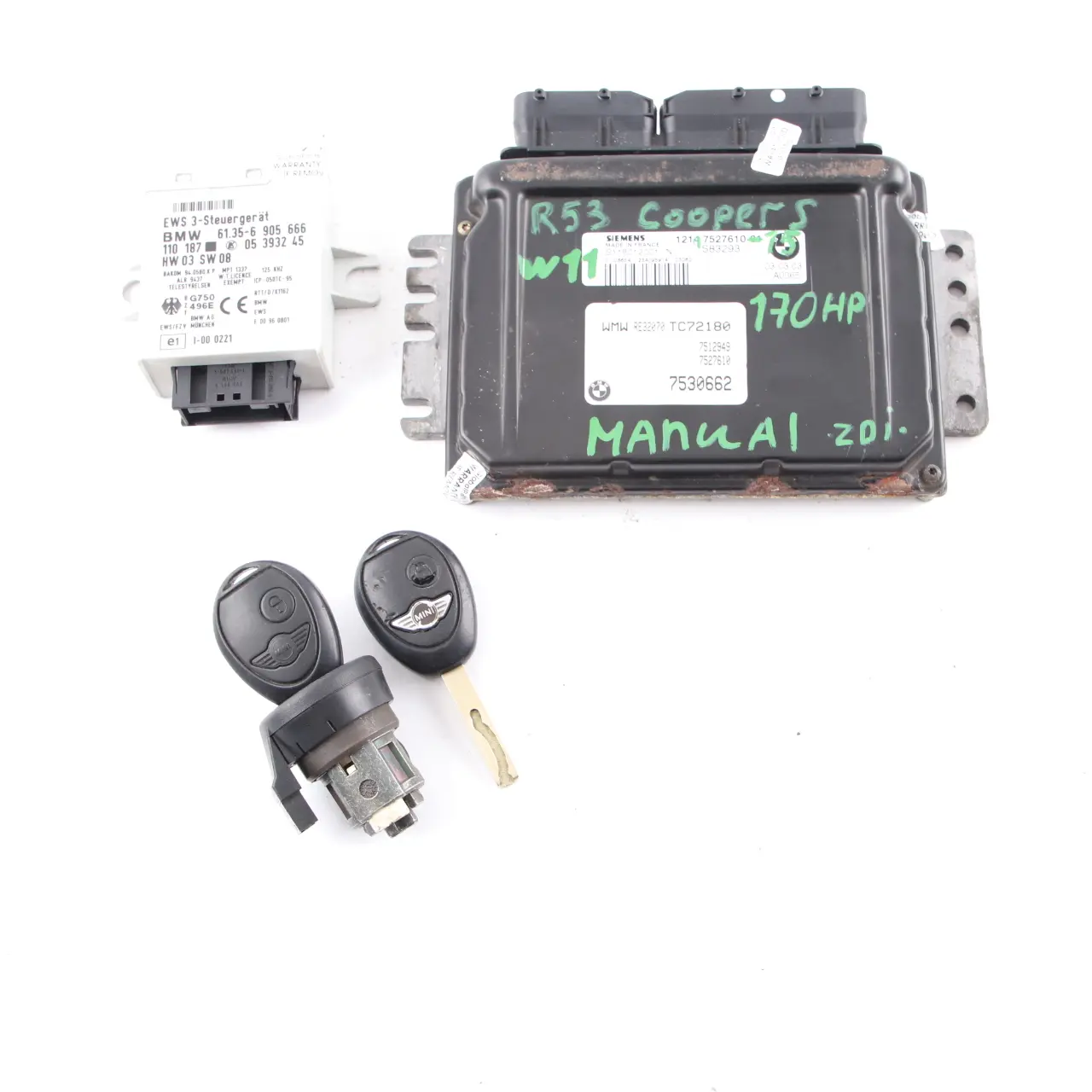 Mini Cooper R53 W11 170PK Motor ECU Kit DME 7527610 EWS Sleutels Handgeschakeld