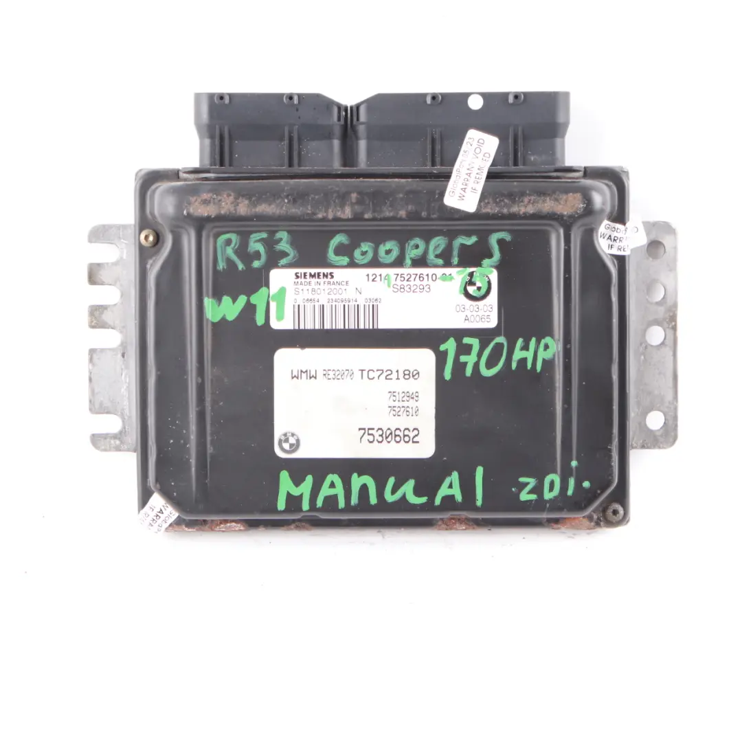 170HP Engine ECU Kit DME EWS Keys Manual to MINI Cooper R53 W11 with Part number 7527610 MINI Cooper R53 W11 170HP Engine ECU Kit DME EWS Keys Manual - SKU 7527610-15 - Part number 7527610
