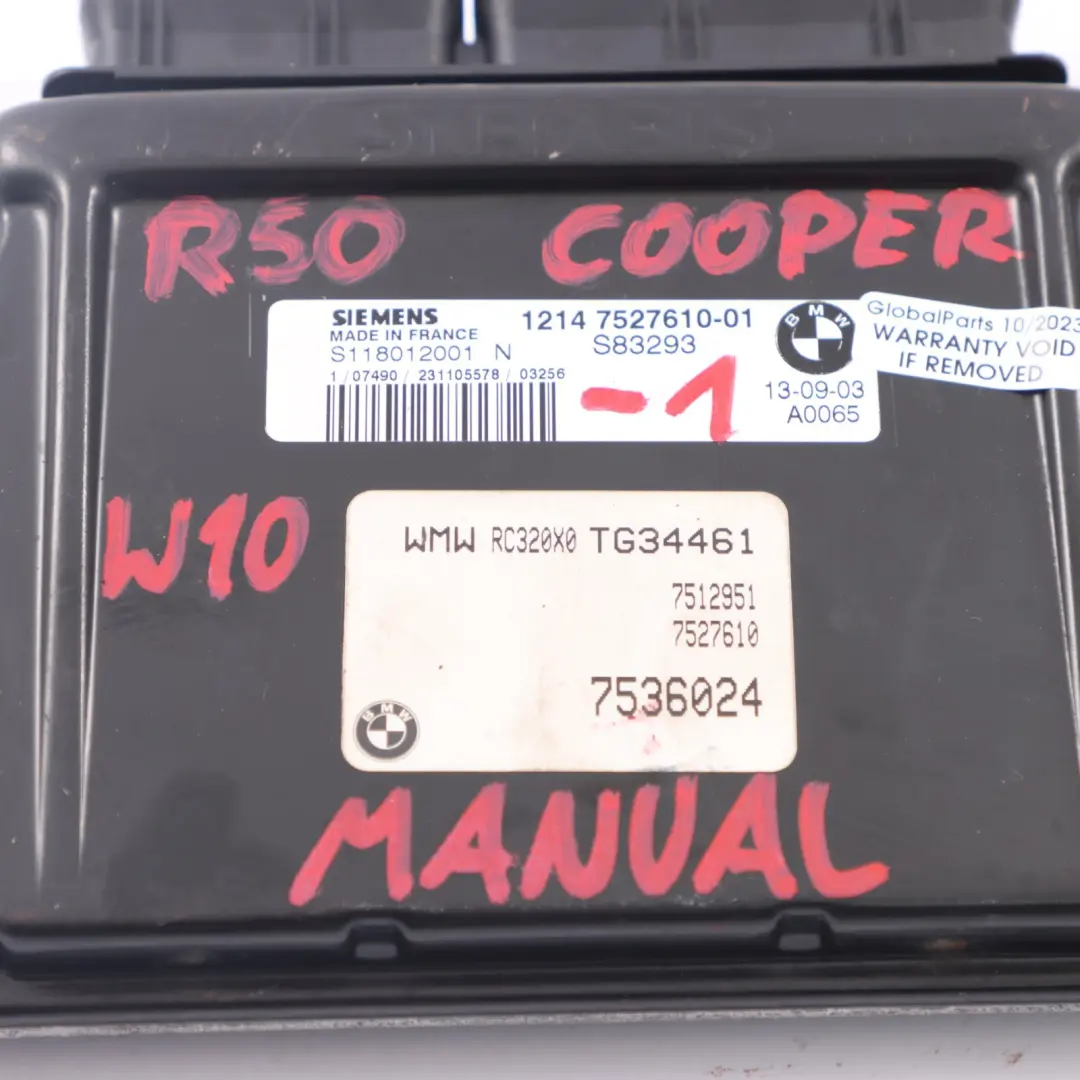 MINI Cooper R50 W10 116HP Motor Kit ECU DME EWS Llave Manual - SKU 7527610-1 - Número de pieza 7527610