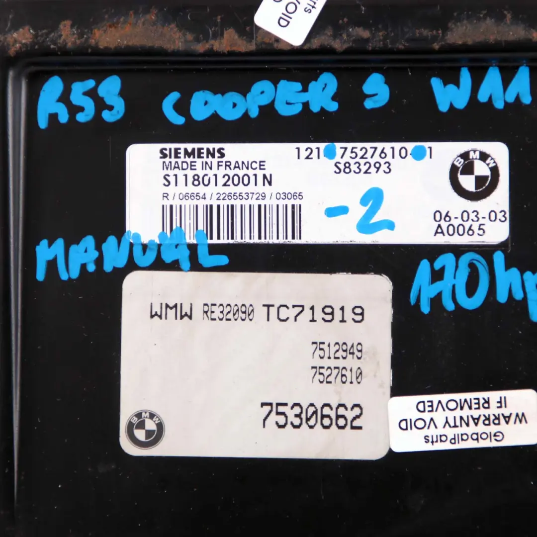 £MINI Cooper S R53 W11 170HP Engine ECU Kit DME + EWS + Key Manual to with Part number 7527610 £MINI Cooper S R53 W11 170HP Engine ECU Kit DME + EWS + Key Manual - SKU 7527610-2 - Part number 7527610