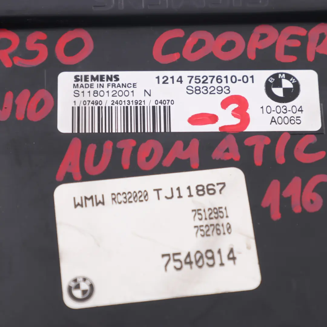 90HP Engine ECU Kit DME + EWS + Key Automatic Mini Cooper R50 W10 - SKU 7527610-3 - Part number 7527610