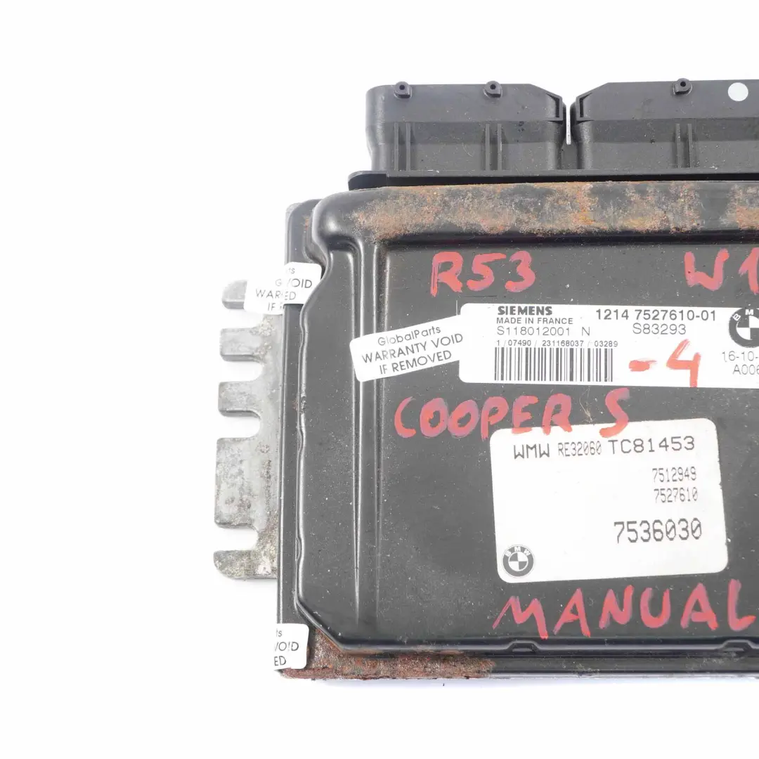 170PS Steuergerät ECU DME Schaltgetriebe für Mini Cooper S R53 Motor W11 mit Teilenummer 7527610 Mini Cooper S R53 Motor W11 170PS Steuergerät ECU DME Schaltgetriebe - SKU 7527610-4 - Teilenummer 7527610