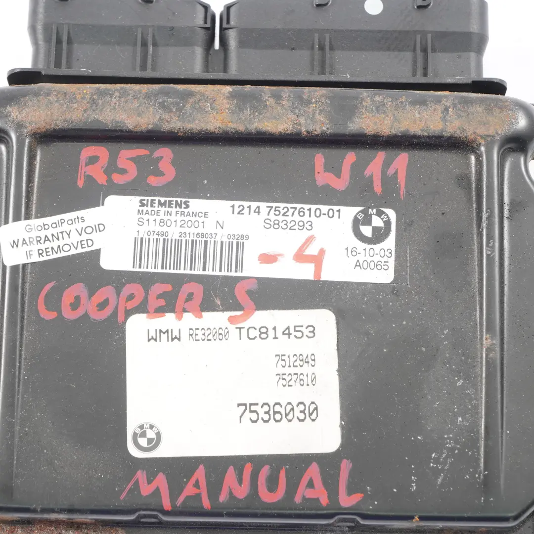 MINI Cooper S R53 W11 170HP Engine Control Unit ECU Kit DME Manual - SKU 7527610-4 - Part number 7527610