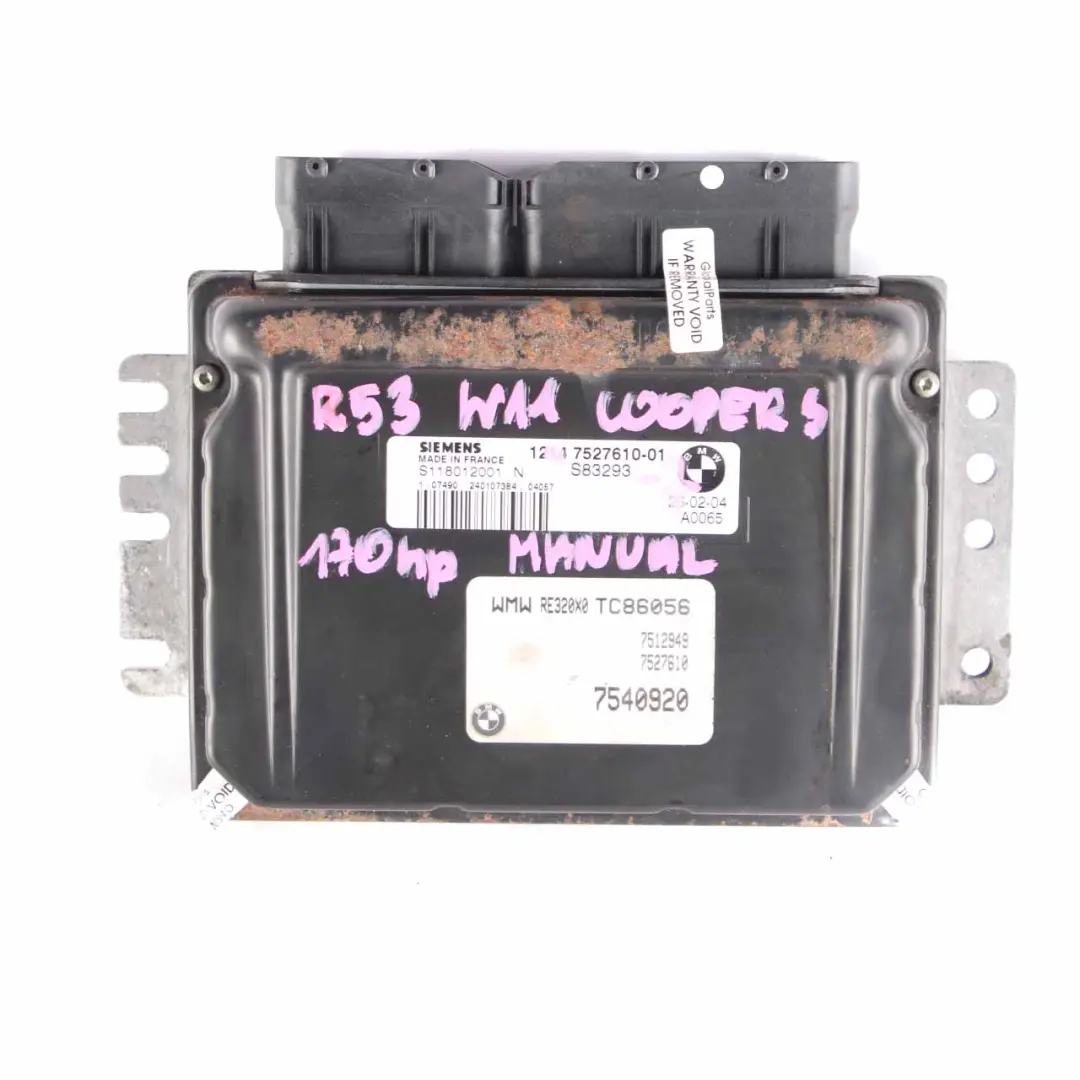 170HP Motor Kit ECU DME EWS Clave Manual para MINI Cooper R53 W11 con número de pieza 7527610 MINI Cooper R53 W11 170HP Motor Kit ECU DME EWS Clave Manual - SKU 7527610-7 - Número de pieza 7527610