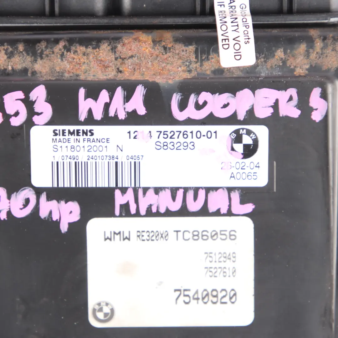 170HP Motor Kit ECU DME EWS Clave Manual para MINI Cooper R53 W11 con número de pieza 7527610 MINI Cooper R53 W11 170HP Motor Kit ECU DME EWS Clave Manual - SKU 7527610-7 - Número de pieza 7527610