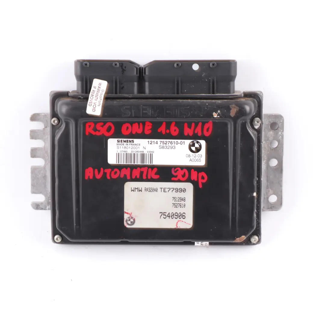 BMW MINI R50 One 1.6 W10 90PS Steuergerät + EWS + Schlüssel Automatik - SKU 7527610-8 - Teilenummer 7527610